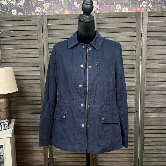 Talbots Jackets & Blazers - Talbots Navy Cotton Utility Jacket Zip Snap Pockets Drawstring XS